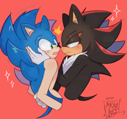 Size: 1080x1010 | Tagged: safe, artist:akkoart, shadow the hedgehog, sonic the hedgehog, blushing, bust, duo, frown, gay, hand on another's face, holding them, lidded eyes, looking at each other, mouth open, red background, shadow x sonic, shipping, signature, simple background, sonic prime s3, sparkles, surprised