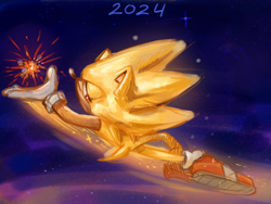 Size: 1536x1157 | Tagged: safe, artist:kingprinceleo, sonic the hedgehog, super sonic, 2024, abstract background, flying, lidded eyes, new years, solo, star (sky), super form