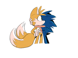 Size: 2048x1536 | Tagged: safe, artist:ohmygawditssunnyout, miles "tails" prower, sonic the hedgehog, clenched teeth, duo, hugging, simple background, standing, top surgery scars, trans male, transgender, white background