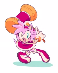 Size: 1870x2338 | Tagged: safe, artist:curryswirl, amy rose, amybetes, blushing, cute, holding something, looking at viewer, one fang, piko piko hammer, shadow (lighting), simple background, solo, white background, wink