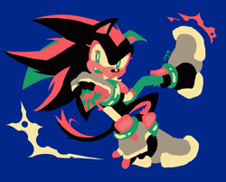 Size: 859x690 | Tagged: safe, artist:urunclesonic, shadow the hedgehog, blue background, limited palette, looking at viewer, mouth open, one fang, signature, simple background, smile, solo