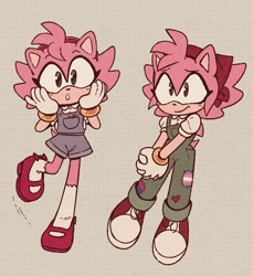 Size: 1877x2048 | Tagged: safe, artist:dizzychao, amy rose, bisexual, duality, overalls, solo, standing, trans female, transgender