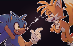 Size: 1305x817 | Tagged: safe, artist:zeezu-ix, miles "tails" prower, sonic the hedgehog, arms folded, black background, clenched teeth, duo, flying, looking at each other, mouth open, one fang, outline, pointing, simple background, smile, spinning tails