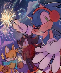 Size: 853x1024 | Tagged: safe, artist:momodroid, miles "tails" prower, shadow the hedgehog, 2024, abstract background, brown gloves, clouds, coat, ear warmers, eyes closed, holding something, looking at viewer, new years, outdoors, scarf, smile, sparkler, standing, trio, wink