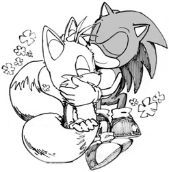 Size: 631x639 | Tagged: safe, artist:yaeyeung, miles "tails" prower, sonic the hedgehog, 2014, blushing, cute, duo, flower, gay, greyscale, holding them, monochrome, nuzzle, shipping, simple background, sitting, smile, sonabetes, sonic x tails, tailabetes, white background