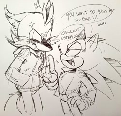 Size: 1024x984 | Tagged: safe, artist:lebluenooki, miles "tails" prower, nine, sonic the hedgehog, sonic prime, 2023, alternate universe, blushing, clothes, cross popping vein, dialogue, duo, english text, floppy ears, flustered, hands in pocket, hoodie, lidded eyes, line art, looking at each other, nine x sonic, pants, pencilwork, pointing, shipping, sonic x tails, spanish text, speech bubble, traditional media