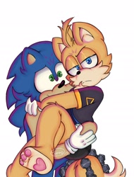 Size: 1100x1450 | Tagged: safe, artist:ten_ko023, miles "tails" prower, nine, sonic the hedgehog, sonic prime, 2023, barefoot, blushing, carrying them, clingy, frown, gay, holding each other, lidded eyes, looking at viewer, nine x sonic, pawpads, paws, shipping, signature, simple background, smile, sonic x tails, white background