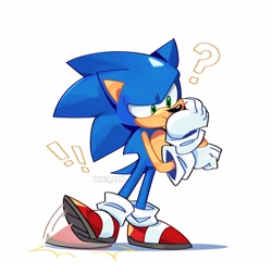 Size: 1600x1600 | Tagged: safe, artist:mistren, sonic the hedgehog, 2024, exclamation mark, frown, question mark, signature, simple background, solo, tapping foot, thinking, white background