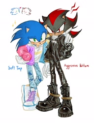 Size: 1567x2048 | Tagged: safe, artist:sa1k_a, shadow the hedgehog, sonic the hedgehog, 2024, alternate shoes, biker jacket, biker pants, boots, clothes, english text, frown, gay, headcanon, heart, hoodie, jacket, looking at viewer, pants, shadow x sonic, shipping, shirt, smile, standing