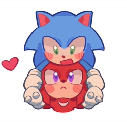 Size: 1216x1172 | Tagged: safe, artist:lazy_kun__, knuckles the echidna, sonic the hedgehog, :<, cute, duo, frown, gay, heart, knucklebetes, knuxonic, looking at each other, mouth open, shipping, simple background, smile, sonabetes, white background