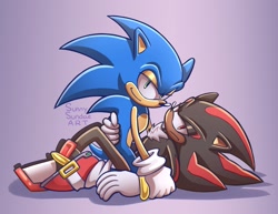 Size: 2048x1583 | Tagged: safe, artist:sundae2004, shadow the hedgehog, sonic the hedgehog, 2024, duo, frown, gay, gradient background, hand on another's back, kneeling, lidded eyes, lying down, shadow x sonic, shipping, signature, sitting on them, smile