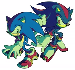 Size: 2048x1903 | Tagged: safe, artist:01iz_, shadow the hedgehog, sonic the hedgehog, sonic adventure 2, 2024, frown, looking at viewer, simple background, smile, soap shoes, white background