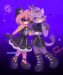 Size: 1389x1662 | Tagged: safe, artist:venusinta, amy rose, blaze the cat, cat, hedgehog, 2023, amy x blaze, blushing, cute, eyes closed, female, females only, goth, goth outfit, holding hands, lesbian, shipping, skull, sparkles