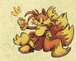 Size: 1068x855 | Tagged: safe, artist:asockinaboxss, miles "tails" prower, clenched fists, kitsune, mouth open, smile, solo, wink