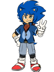 Size: 1536x2048 | Tagged: safe, artist:paper-scrap, sonic the hedgehog, human, humanized, looking at viewer, simple background, smile, solo, standing, transparent background, v sign