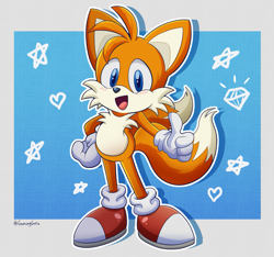 Size: 1609x1507 | Tagged: safe, artist:gaminggoru, miles "tails" prower, 2021, abstract background, blushing, cute, hand on hip, heart, looking at viewer, mouth open, outline, signature, solo, standing, star (symbol), thumbs up