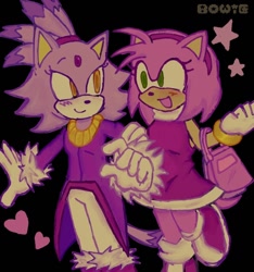Size: 1080x1156 | Tagged: safe, artist:sonicpilled, amy rose, blaze the cat, cat, hedgehog, 2022, amy x blaze, amy's halterneck dress, bag, blaze's tailcoat, cute, female, females only, hearts, holding arm, lesbian, looking at each other, mouth open, shipping, star (symbol)