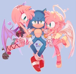Size: 1200x1172 | Tagged: safe, artist:sa_ssssa, amy rose, sonic the hedgehog, angel, angel wings, anklet, black dress, devil, devil wings, halo, holding another's arm, horns, outfit swap, platform shoes, rose, white gloves, yellow dress