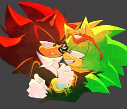 Size: 2048x1768 | Tagged: safe, artist:deadvpoo, scourge the hedgehog, shadow the hedgehog, 2024, clenched teeth, duo, frown, gay, grey background, holding each other, lidded eyes, looking at each other, shadourge, shipping, simple background, smile