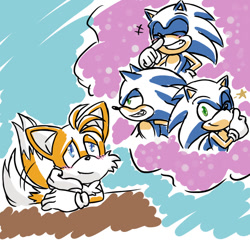 Size: 900x900 | Tagged: safe, artist:hyrulepirate, miles "tails" prower, sonic the hedgehog, 2024, blushing, crush, gay, head rest, shipping, smile, solo, sonic x tails, thinking, thought bubble, wagging tail