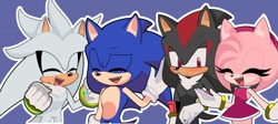 Size: 1270x568 | Tagged: safe, artist:saku_lander, amy rose, shadow the hedgehog, silver the hedgehog, sonic the hedgehog, 2024, blushing, eyes closed, frown, group, mouth open, outline, purple background, simple background, smile