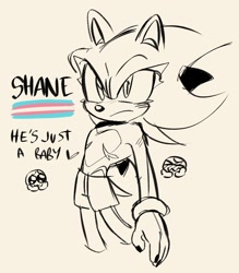 Size: 1057x1204 | Tagged: safe, artist:lemon_child4, oc, oc:shane the hedgehog, hedgehog, 2024, blushing, character name, english text, frown, heart, line art, looking offscreen, male, shorts, signature, simple background, sketch, solo, standing, top surgery scars, trans male, transgender