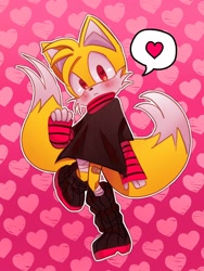 Size: 1536x2048 | Tagged: safe, artist:tamjeong_sonic, miles "tails" prower, 2024, :<, abstract background, bandage, bandaid, blushing, boots, cute, frown, heart, heart eyes, looking at viewer, outline, solo