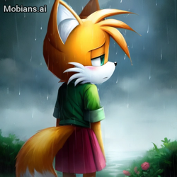 Size: 512x512 | Tagged: safe, ai art, artist:mobians.ai, miles "tails" prower, 2024, abstract background, alternate eye color, blushing, frown, grass, green eyes, lidded eyes, looking offscreen, outdoors, prompter:taeko, rain, sad, shirt, skirt, solo, standing, trans female, transgender