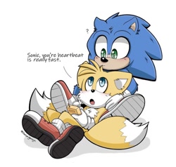 Size: 736x701 | Tagged: artist needed, source needed, safe, miles "tails" prower, sonic the hedgehog, 2024, blushing, dialogue, duo, english text, holding something, looking at each other, remote controller, signature, sitting