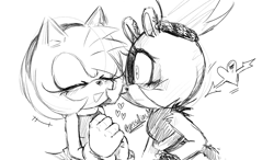 Size: 1438x838 | Tagged: safe, artist:vessalias, amy rose, surge the tenrec, 2022, amybetes, arrow through heart, blushing, duo, eyes closed, frown, heart, lesbian, line art, shipping, signature, simple background, sketch, smile, standing, surgamy, white background