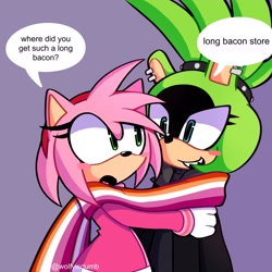 Size: 2048x2048 | Tagged: safe, artist:wolfyisdumb, amy rose, surge the tenrec, 2023, blushing, dialogue, duo, english text, holding them, lesbian, lesbian pride, long bacon, looking at them, meme, mouth open, pride, pride flag, purple background, scarf, shipping, signature, simple background, smile, speech bubble, standing, surgamy