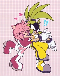 Size: 1449x1824 | Tagged: safe, artist:frazzy_bear, amy rose, surge the tenrec, 2023, amybetes, blushing, checkered background, clenched teeth, cute, duo, exclamation mark, eye twitch, eyes closed, heart, hugging, hugging from behind, lesbian, mouth open, shipping, shrunken pupils, smile, surgamy, surprise hug, surprised