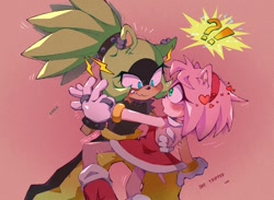 Size: 1500x1100 | Tagged: safe, artist:m0i_chi, amy rose, surge the tenrec, 2022, blushing, catch, english text, exclamation mark, heart, holding hands, holding them, lesbian, looking at each other, question mark, redraw, shipping, standing, surgamy