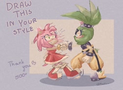 Size: 2048x1500 | Tagged: safe, artist:maniuu_, amy rose, surge the tenrec, 2022, abstract background, blushing, catch, duo, english text, holding them, lesbian, looking at each other, shipping, standing, surgamy