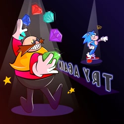 Size: 1250x1250 | Tagged: safe, artist:magic-i-guess, robotnik, sonic the hedgehog, 2021, chaos emerald, classic robotnik, classic sonic, duo, english text, game over, smile, spotlight, standing, star (symbol), thumbs down, try again
