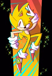 Size: 861x1250 | Tagged: safe, artist:magic-i-guess, sonic the hedgehog, super sonic, 2021, abstract background, flying, hand on own head, looking offscreen, smile, solo, sparkles, super form
