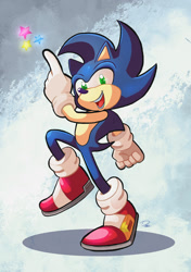 Size: 1280x1821 | Tagged: safe, artist:jonathondobbs, sonic the hedgehog, 2021, abstract background, looking at viewer, mouth open, shadow (lighting), signature, smile, solo, standing on one leg, star (symbol)