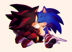 Size: 820x596 | Tagged: safe, artist:icen-hk, shadow the hedgehog, sonic the hedgehog, 2015, cute, duo, gay, holding them, nose boop, noses are touching, shadow x sonic, shipping, simple background, sitting, smile