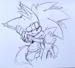 Size: 2048x1872 | Tagged: safe, artist:lebluenooki, miles "tails" prower, nine, sonic the hedgehog, sonic prime, 2023, duo, eyes closed, floppy ears, frown, hugging, line art, pencilwork, sketch, standing, traditional media
