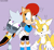 Size: 4700x4350 | Tagged: safe, artist:fartist2020, miles "tails" prower, sally acorn, tangle the lemur, arms behind back, female, frown, hand on hip, head pat, head rubbing, height difference, male, one eye closed, simple background, trio, whistling
