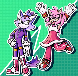 Size: 1200x1178 | Tagged: safe, artist:squishbug, amy rose, blaze the cat, cat, hedgehog, sonic riders: zero gravity, 2024, amy x blaze, cute, eyes closed, female, females only, hands up, lesbian, mouth open, riders outfit, shipping
