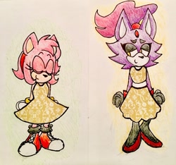 Size: 1280x1197 | Tagged: safe, artist:fleetways, amy rose, blaze the cat, cat, hedgehog, 2017, amy x blaze, cute, dress, eyes closed, female, females only, lesbian, looking at them, shipping, traditional media