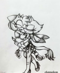 Size: 720x888 | Tagged: safe, artist:ladychameleon03, amy rose, blaze the cat, cat, hedgehog, 2018, amy x blaze, carrying them, cute, eyes closed, female, females only, lesbian, noses are touching, shipping, sketch