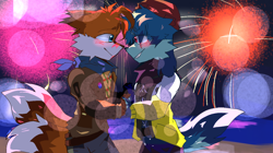 Size: 1250x702 | Tagged: safe, artist:raoutlook, kit the fennec, miles "tails" prower, 2024, abstract background, beanbrows, bisexual pride, blushing, duo, eye clipping through hair, eyebrow clipping through hair, fireworks, floppy ears, gay, holding hands, kitails, looking at each other, new years, nighttime, older, shipping, smile, standing