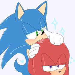 Size: 1812x1812 | Tagged: safe, artist:kptya, knuckles the echidna, sonic the hedgehog, blushing, cute, duo, gay, grey background, knucklebetes, knuxonic, lidded eyes, one fang, shipping, simple background, sonabetes, star (symbol), tongue out