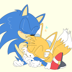Size: 2048x2048 | Tagged: safe, artist:kptya, miles "tails" prower, sonic the hedgehog, blushing, cute, duo, eyes closed, gay, heart, holding them, lying on front, lying on them, one fang, shipping, simple background, sitting, smile, sonabetes, sonic x tails, tailabetes, yellow background