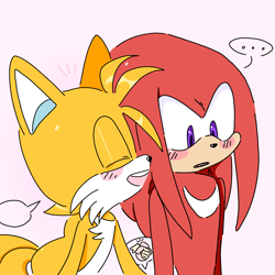 Size: 2048x2048 | Tagged: safe, artist:kptya, knuckles the echidna, miles "tails" prower, ..., blushing, cute, duo, eyes closed, gay, holding something, knucklebetes, knuxails, looking down, pink background, shipping, simple background, standing, tailabetes