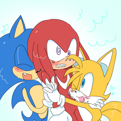 Size: 2048x2048 | Tagged: safe, artist:kptya, knuckles the echidna, miles "tails" prower, sonic the hedgehog, blushing, clenched teeth, cute, eyes closed, gay, gradient background, group hug, hugging, knucklebetes, knuxails, knuxonails, knuxonic, mouth open, one eye closed, one fang, polyamory, shipping, smile, sonabetes, sonic x tails, standing, tailabetes, team sonic, trio