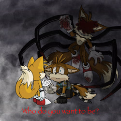 Size: 2048x2048 | Tagged: semi-grimdark, artist:tanglethemangle, miles "tails" prower, nine, oc, oc:villain miles, comic:where was my hero?, sonic prime, abstract background, alternate universe, blood, comic cover, dialogue, english text, self paradox, trio