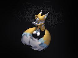 Size: 1600x1200 | Tagged: safe, artist:0vergrowngraveyard, miles "tails" prower, abstract background, alternate universe, au:kitsune tails, crying, floppy ears, sad, sitting, solo, tears, tears of sadness